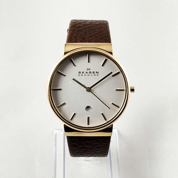 SKAGEN ゴールド 腕時計 Skagen Men's Oversized Stainless Steel Watch, White Dial, Gold