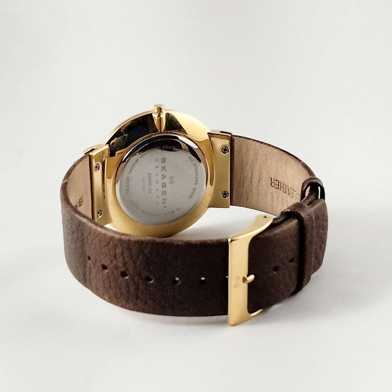 Vintage Skagen Gold Cushion Watch Crystals White Enamel Sub Dial Brown Strap Skagen Men main image 2
