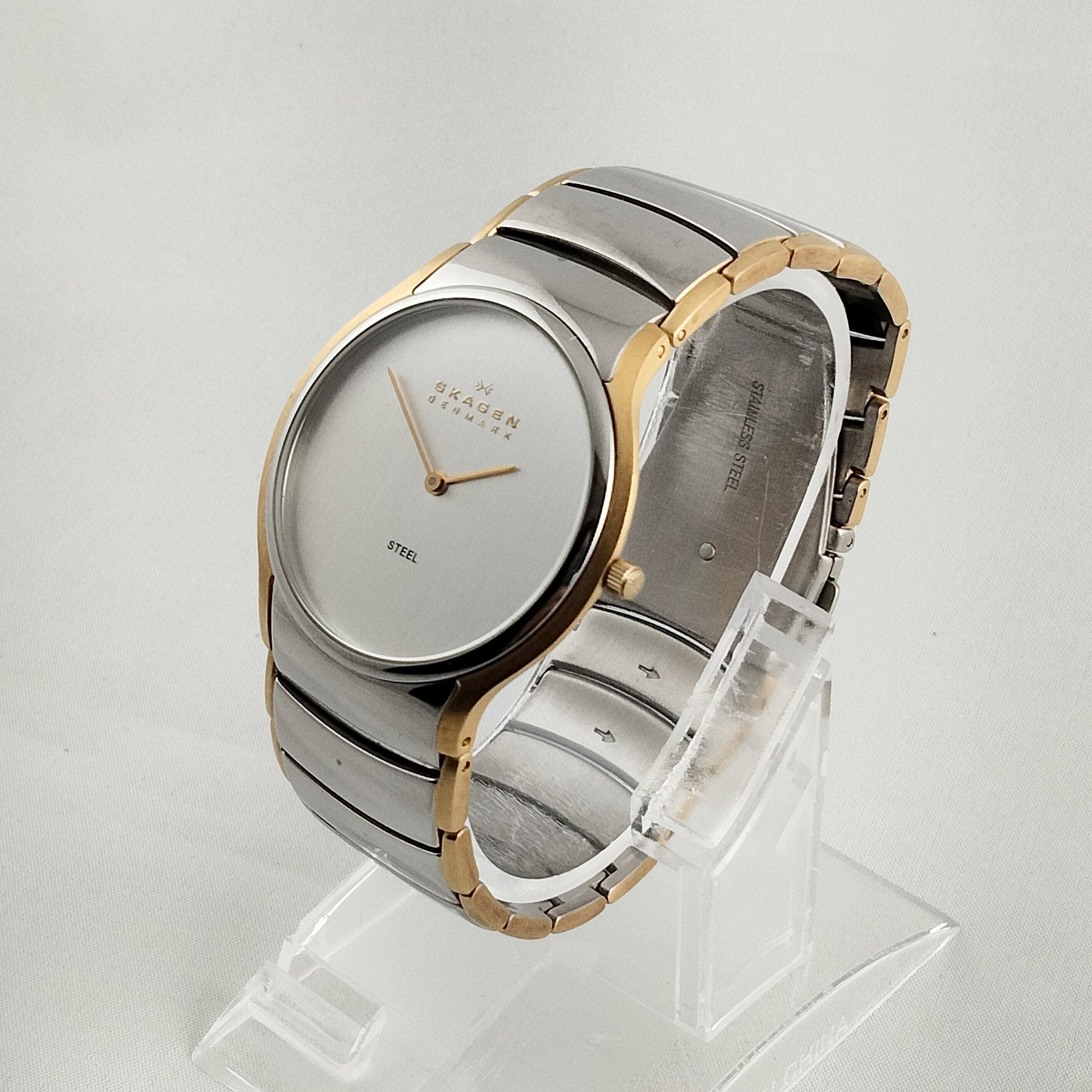 I Like Mikes Mid Century Modern Watches Skagen Men's Oversized Stainless Steel Watch with Gold Tone Details