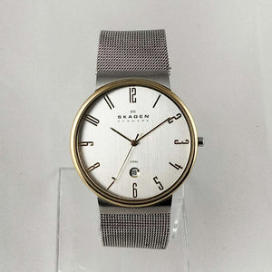 I Like Mikes Mid Century Modern Watches Skagen Men's Oversized Watch, Gold Tone Details, Mesh Strap