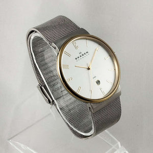 I Like Mikes Mid Century Modern Watches Skagen Men's Oversized Watch, Gold Tone Details, Mesh Strap