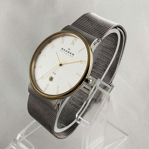 I Like Mikes Mid Century Modern Watches Skagen Men's Oversized Watch, Gold Tone Details, Mesh Strap