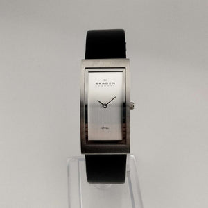 I Like Mikes Mid Century Modern Watches Skagen Men's Silver Tone Watch, Rectangular Minimal Dial, Genuine Black Leather Strap