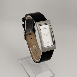 I Like Mikes Mid Century Modern Watches Skagen Men's Silver Tone Watch, Rectangular Minimal Dial, Genuine Black Leather Strap