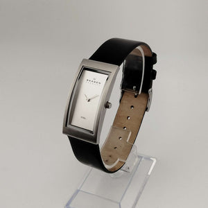 I Like Mikes Mid Century Modern Watches Skagen Men's Silver Tone Watch, Rectangular Minimal Dial, Genuine Black Leather Strap