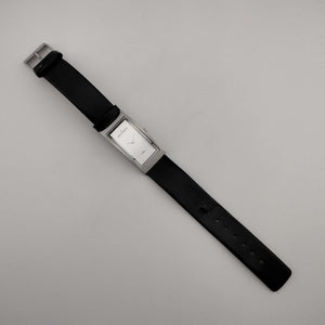 I Like Mikes Mid Century Modern Watches Skagen Men's Silver Tone Watch, Rectangular Minimal Dial, Genuine Black Leather Strap