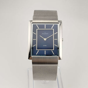 I Like Mikes Mid Century Modern Watches Skagen Men's Silver Tone Watch, Rectangular Royal Blue Dial, Adjustable Metal Mesh Strap