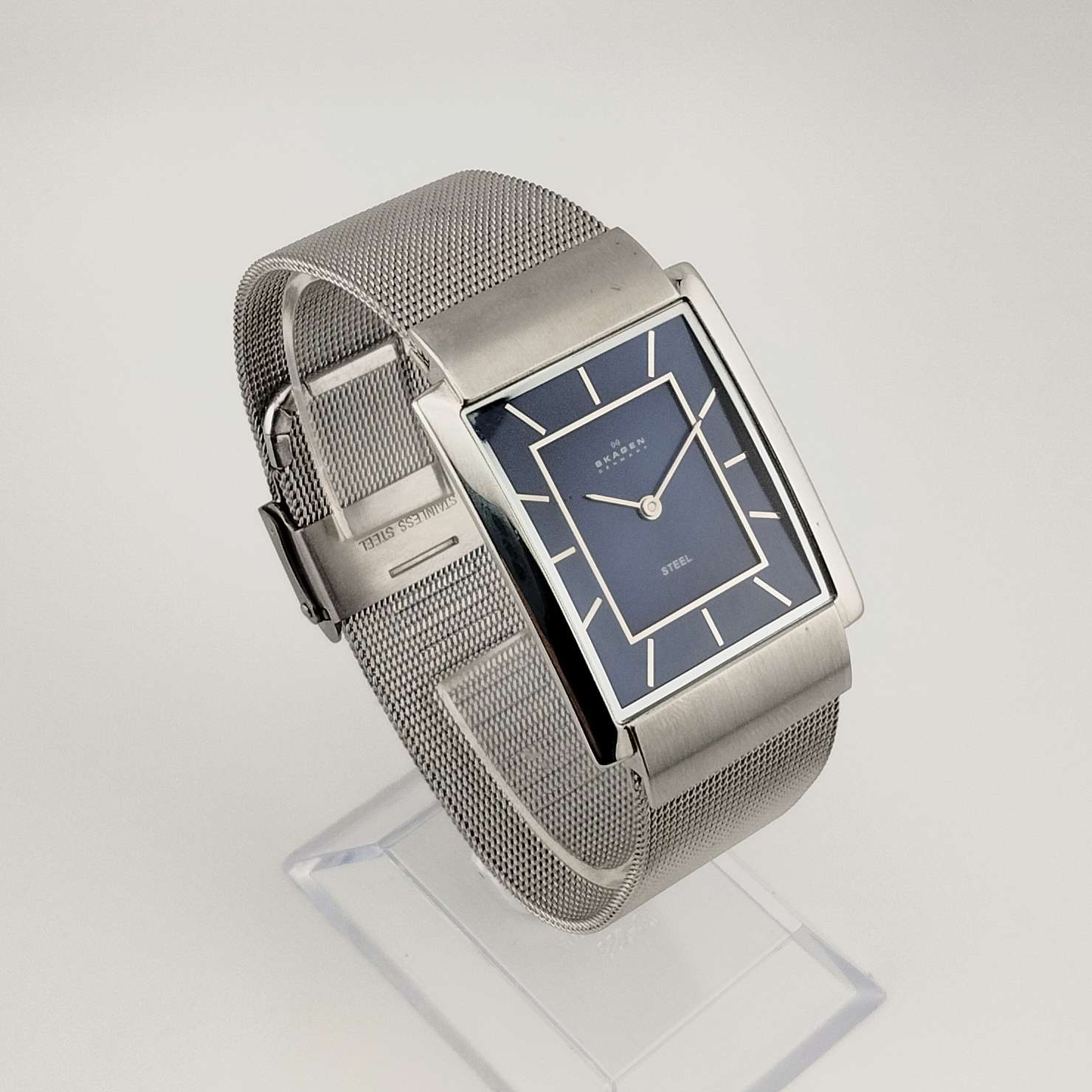 I Like Mikes Mid Century Modern Watches Skagen Men's Silver Tone Watch, Rectangular Royal Blue Dial, Adjustable Metal Mesh Strap