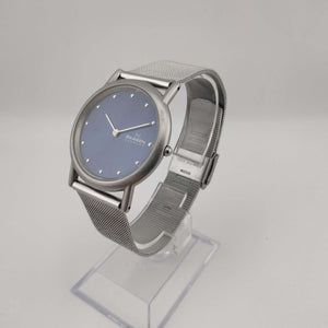 I Like Mikes Mid Century Modern Watches Skagen Men's Silver Tone Watch, Round Blue Metallic Dial, Mesh Strap