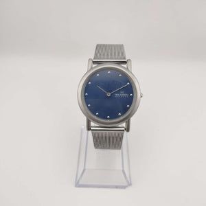 I Like Mikes Mid Century Modern Watches Skagen Men's Silver Tone Watch, Round Blue Metallic Dial, Mesh Strap