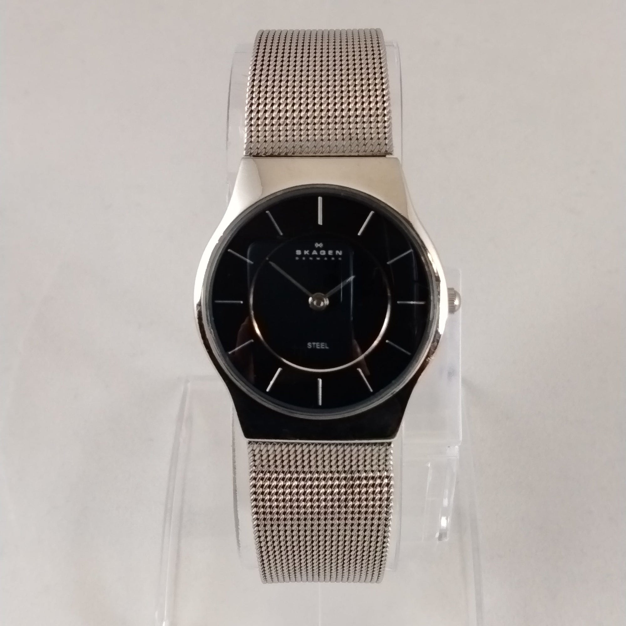 I Like Mikes Mid Century Modern Watches Skagen Men's Stainless Steel Round Watch, Black Dial, Mesh Strap