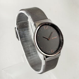 I Like Mikes Mid Century Modern Watches Skagen Men's Stainless Steel Round Watch, Black Dial, Rose Gold Tone Details, Mesh Strap