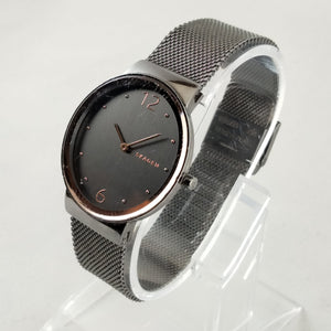 I Like Mikes Mid Century Modern Watches Skagen Men's Stainless Steel Round Watch, Black Dial, Rose Gold Tone Details, Mesh Strap