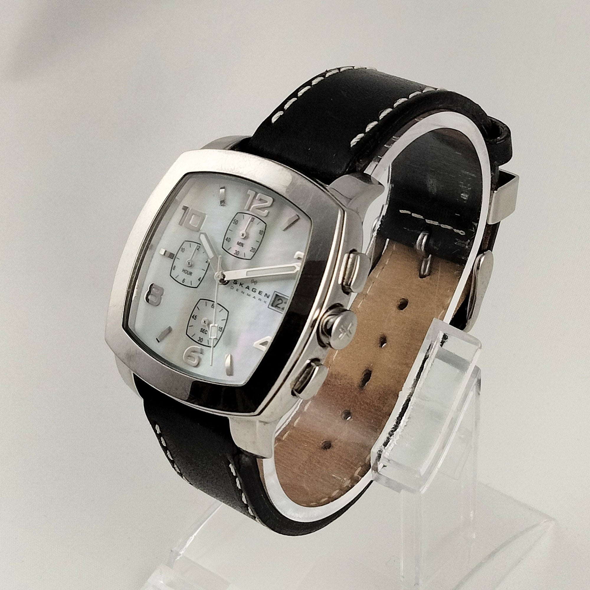 I Like Mikes Mid Century Modern Watches Skagen Men's Stainless Steel Square Chronograph Watch, Mother of Pearl Dial, Black Genuine Leather Strap