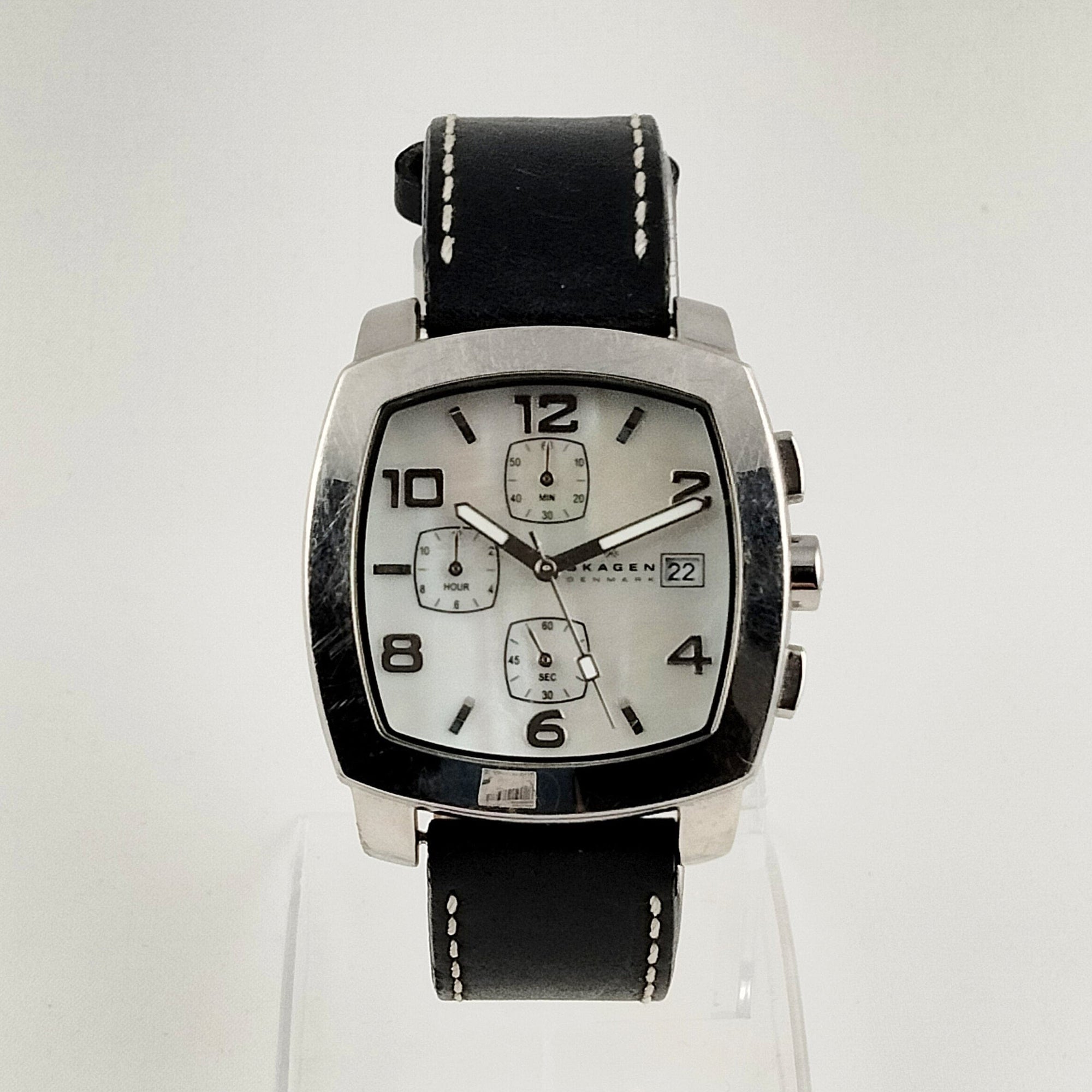I Like Mikes Mid Century Modern Watches Skagen Men's Stainless Steel Square Chronograph Watch, Mother of Pearl Dial, Black Genuine Leather Strap