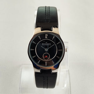 Skagen Men's Stainless Steel Watch, Black Dial, Black Genuine Leather Strap with Stitched Details