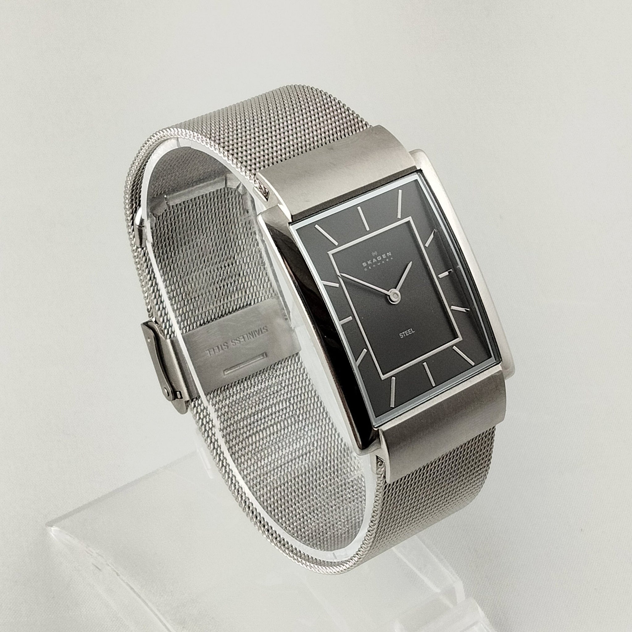 Skagen Men\'s Stainless Steel Watch, Dark Gray Rectangular Dial, Mesh S - I  Like Mikes Mid Century Modern