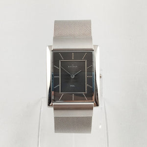 I Like Mikes Mid Century Modern Watches Skagen Men's Stainless Steel Watch, Dark Gray Rectangular Dial, Mesh Strap