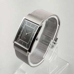 I Like Mikes Mid Century Modern Watches Skagen Men's Stainless Steel Watch, Dark Gray Rectangular Dial, Mesh Strap