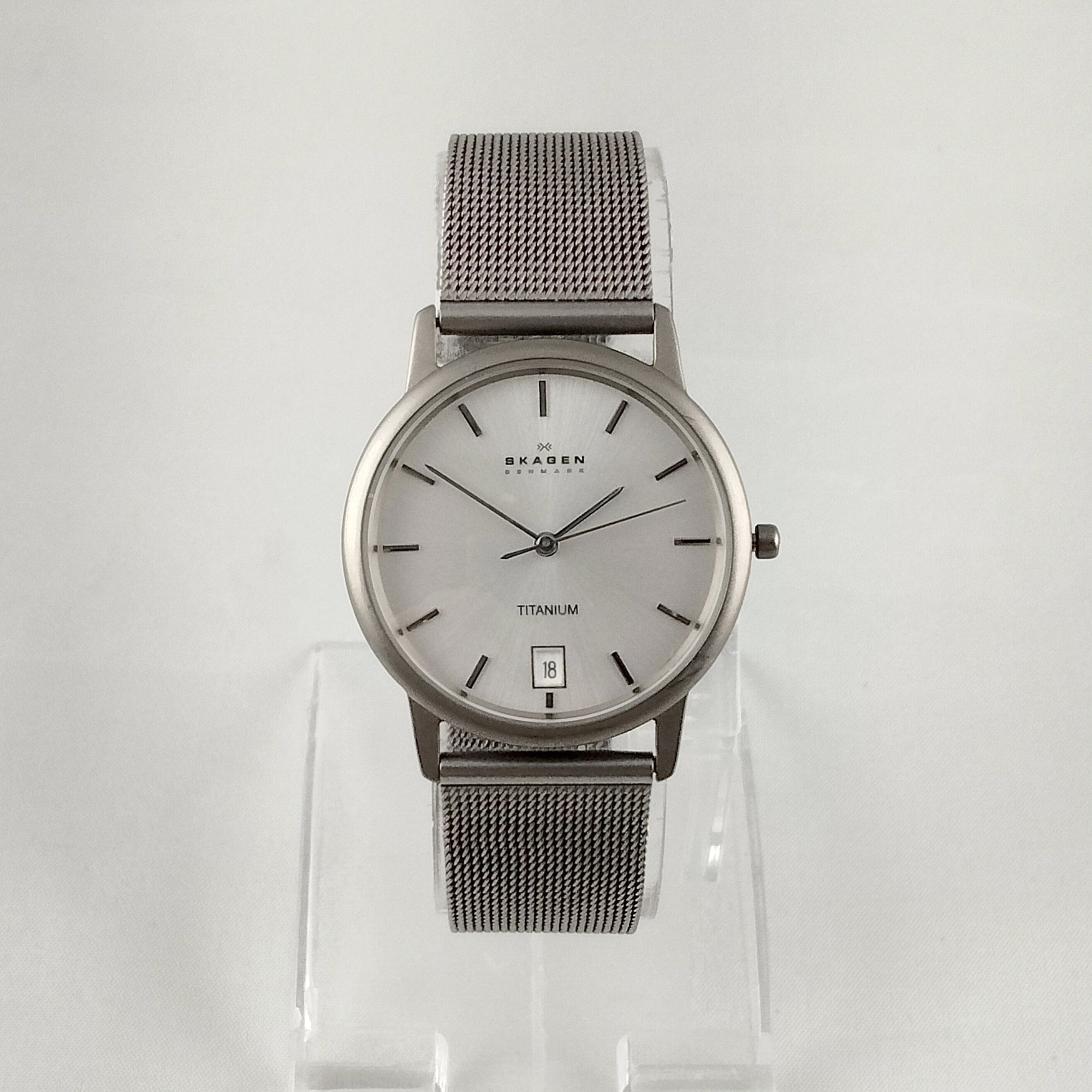 I Like Mikes Mid Century Modern Watches Skagen Men's Stainless Steel Watch, Large White Dial, Mesh Strap