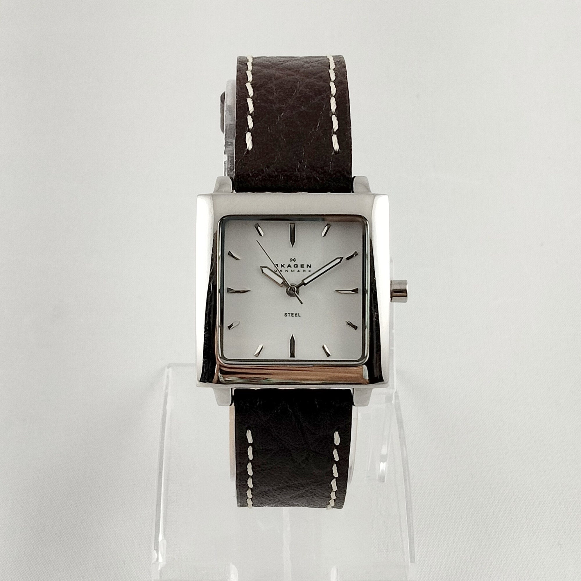 I Like Mikes Mid Century Modern Watches Skagen Men's Stainless Steel Watch, Square Dial, Brown Leather Strap