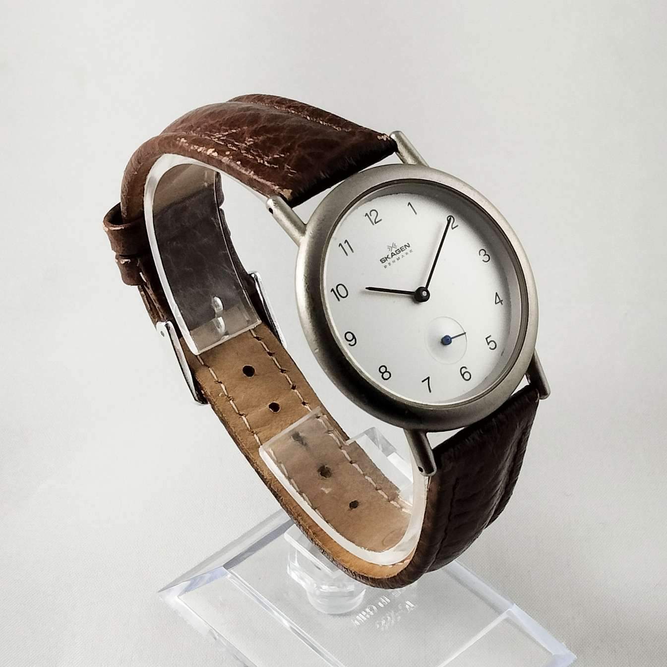 I Like Mikes Mid Century Modern Watches Skagen Men's Stainless Steel Watch, White Dial, Brown Leather Strap