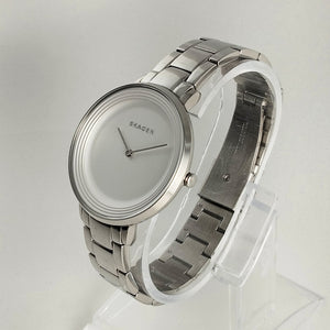 I Like Mikes Mid Century Modern Watches Skagen Men's Stainless Steel Watch, White Dial with Thin Ringed Border, Bracelet Strap