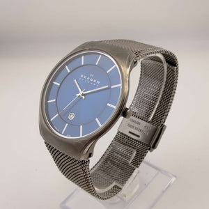 I Like Mikes Mid Century Modern Watches Skagen Men's Watch, Blue Dial with White Dash Markers, Stainless Steel Mesh Strap