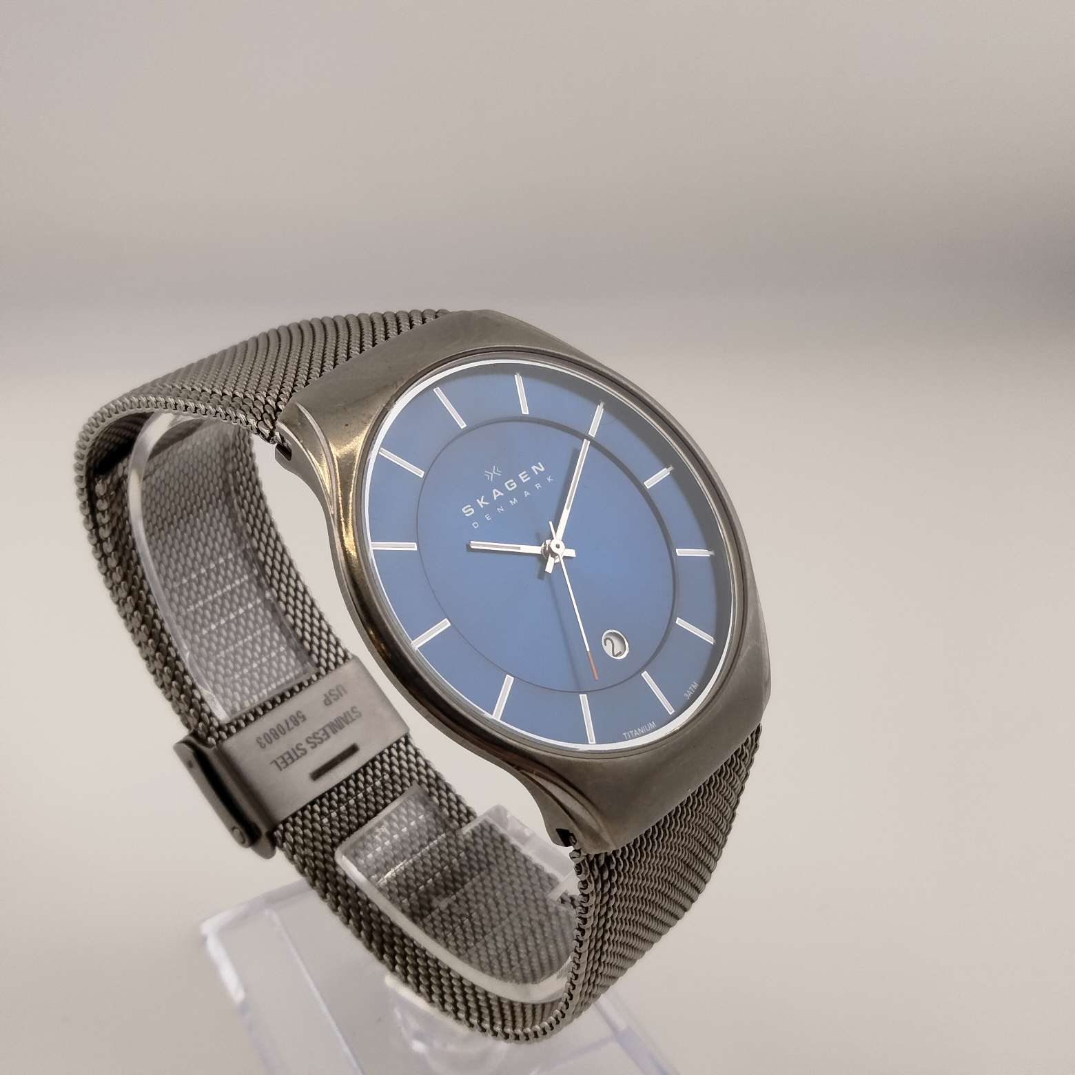 I Like Mikes Mid Century Modern Watches Skagen Men's Watch, Blue Dial with White Dash Markers, Stainless Steel Mesh Strap