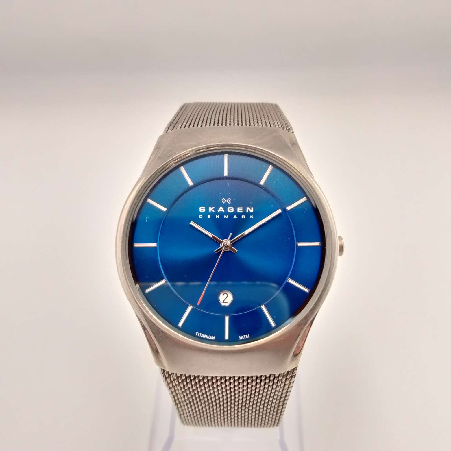 I Like Mikes Mid Century Modern Watches Skagen Men's Watch, Blue Dial with White Dash Markers, Stainless Steel Mesh Strap
