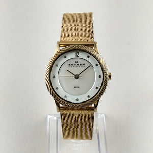 I Like Mikes Mid Century Modern Watches Skagen Oversized Gold Tone Watch, White Mother of Pearl Dial, Mesh Strap