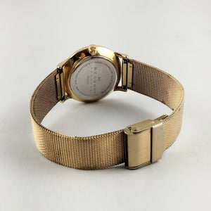 I Like Mikes Mid Century Modern Watches Skagen Oversized Gold Tone Watch, White Mother of Pearl Dial, Mesh Strap