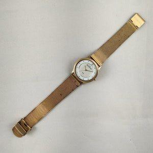I Like Mikes Mid Century Modern Watches Skagen Oversized Gold Tone Watch, White Mother of Pearl Dial, Mesh Strap