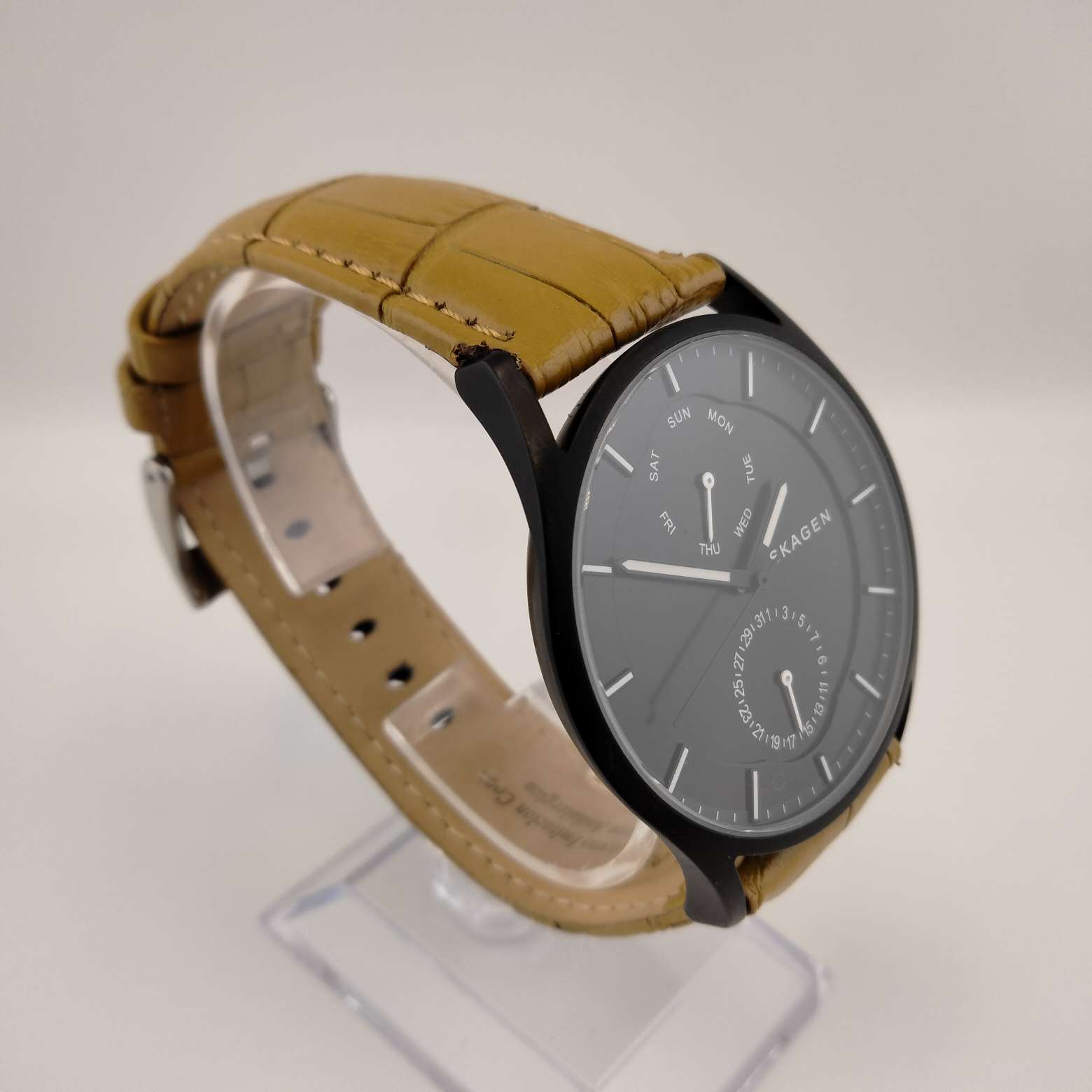 I Like Mikes Mid Century Modern Watches Skagen Oversized Men's Watch, Black Dial, Leather Style Strap