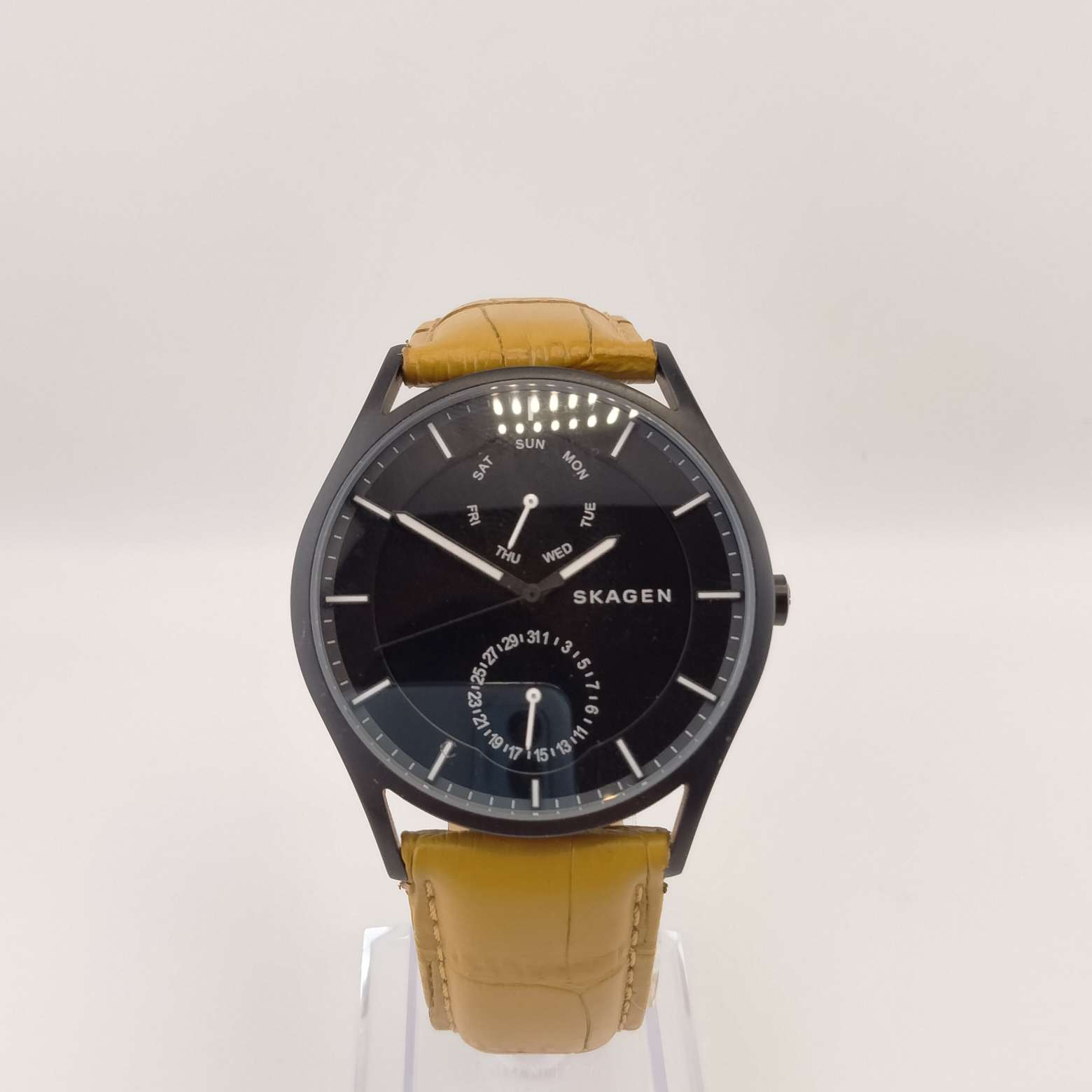 I Like Mikes Mid Century Modern Watches Skagen Oversized Men's Watch, Black Dial, Leather Style Strap