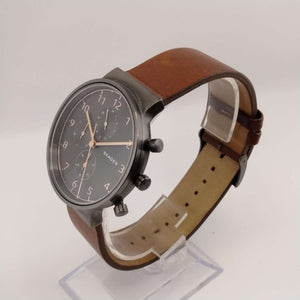 I Like Mikes Mid Century Modern Watches Skagen Oversized Men's Watch, Dark Dial with Copper Tone Accents, Leather Strap