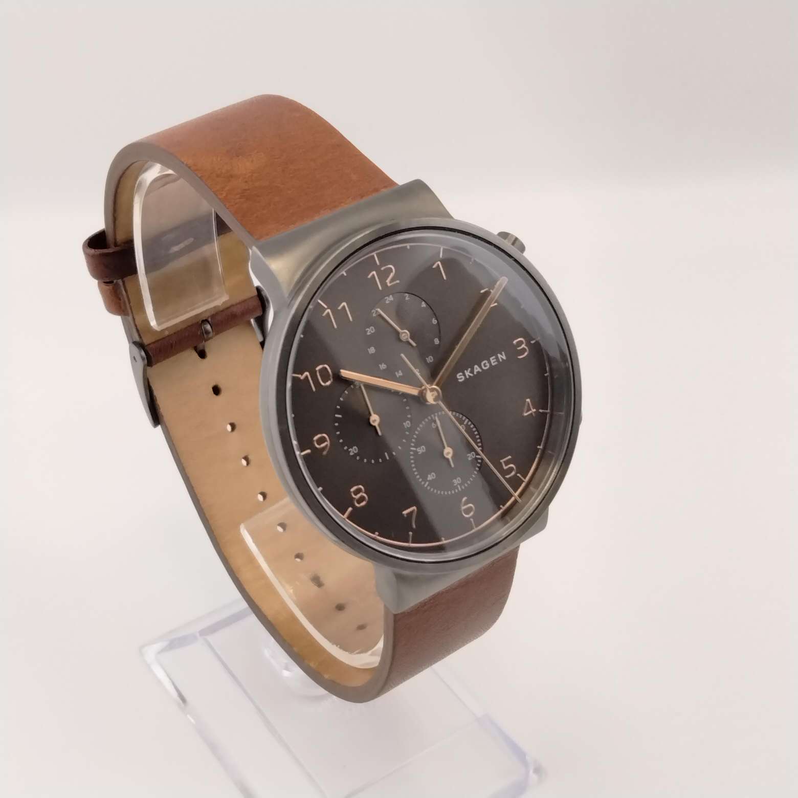 I Like Mikes Mid Century Modern Watches Skagen Oversized Men's Watch, Dark Dial with Copper Tone Accents, Leather Strap