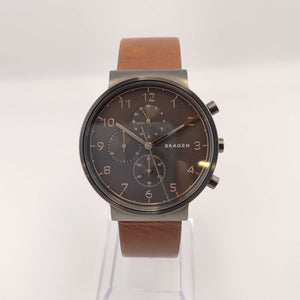 I Like Mikes Mid Century Modern Watches Skagen Oversized Men's Watch, Dark Dial with Copper Tone Accents, Leather Strap