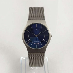 I Like Mikes Mid Century Modern Watches Skagen Oversized Titanium Watch, Round Navy Dial, Mesh Strap