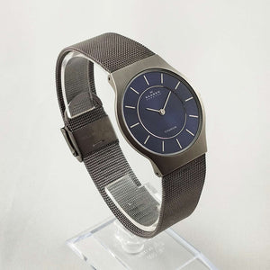 I Like Mikes Mid Century Modern Watches Skagen Oversized Titanium Watch, Round Navy Dial, Mesh Strap