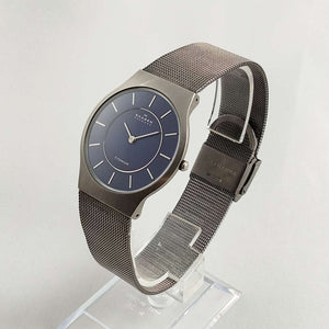 I Like Mikes Mid Century Modern Watches Skagen Oversized Titanium Watch, Round Navy Dial, Mesh Strap