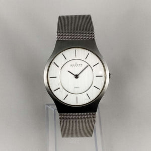 I Like Mikes Mid Century Modern Watches Skagen Oversized Unisex Watch, Dash Hour Markers, Mesh Strap