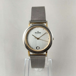 I Like Mikes Mid Century Modern Watches Skagen Oversized Unisex Watch, Gold Tone Details, Mesh Strap