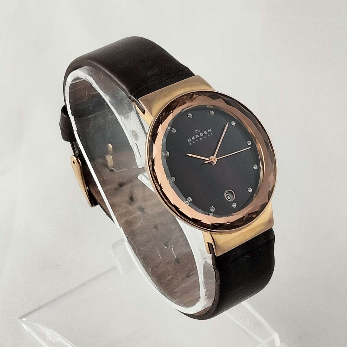 I Like Mikes Mid Century Modern Watches Skagen Oversized Watch, Faceted Crystal Face, Purple Mother of Pearl Dial