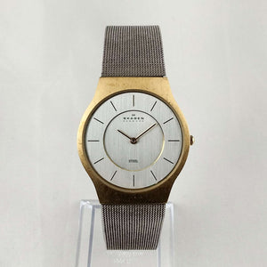 I Like Mikes Mid Century Modern Watches Skagen Oversized Watch, Gold Tone Details, Mesh Strap
