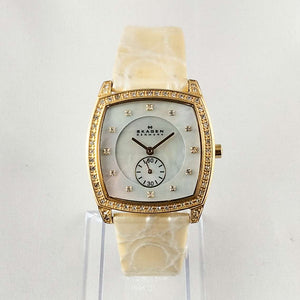 I Like Mikes Mid Century Modern Watches Skagen Oversized Watch, Mother of Pearl Dial, Genuine Patent Leather Strap