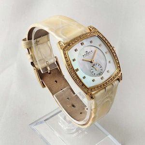 I Like Mikes Mid Century Modern Watches Skagen Oversized Watch, Mother of Pearl Dial, Genuine Patent Leather Strap