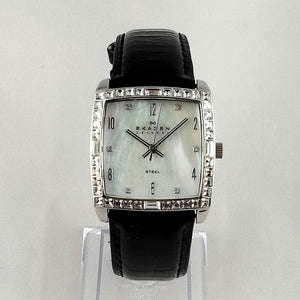 I Like Mikes Mid Century Modern Watches Skagen Oversized Watch, Mother of Pearl Dial, Patent Leather Strap
