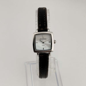 I Like Mikes Mid Century Modern Watches Skagen Petite Silver Tone Watch, Square Mother of Pearl Dial, Genuine Dark Brown Leather Strap