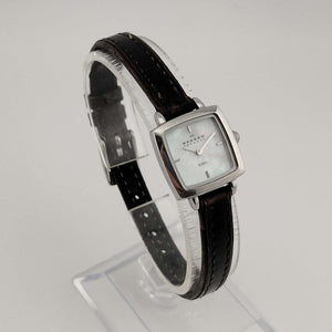 I Like Mikes Mid Century Modern Watches Skagen Petite Silver Tone Watch, Square Mother of Pearl Dial, Genuine Dark Brown Leather Strap